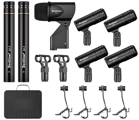 Devilclaw 7-Piece Wired Dynamic Drum Mic Kit Full Metal Wired Dynamic Mic Set for Kick Bass, Tom/Snare & Cymbals, Drums, Vocal, & Other Instrument, with Carrying Case, Holders, and Threaded Clips