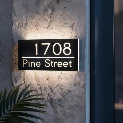 Custom LED Backlit House Number Sign, Modern Light Up Address Plaques For Outdoor Wall, Personalised 3D Acrylic Yard Illuminated Signs, 6 X 12inch