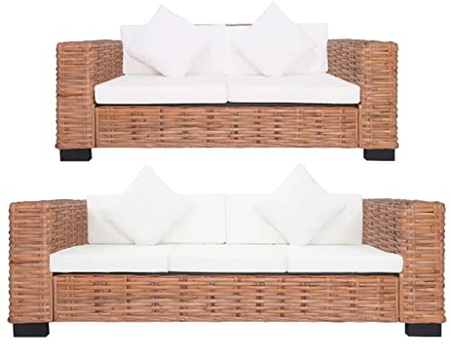 Yunovire 2-TLG. Sofagarnitur, Natur Rattan & Massivholz, Braun/Creme, inkl. 5 Sitzpolster, 4 Rückenkissen, 4 Zierkissen, für Wohnzimmer, strapazierfähig, pflegeleicht