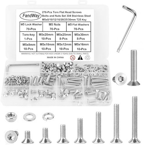 276 Pièces Torx Vis à Métaux et écrous,M5 Vis à Tête Fraisée Torx,Boulon et écrous Rondelles,Boulons Tete Plate Entièrement Filetées en Acier Inox 304 Avec Clé T25