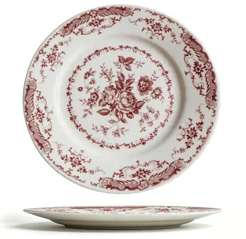Set 2 Piatti Piani 20 cm in Porcellana Vintage Floreale, Piatto Dessert Retrò Francese con Motivo Fiori Bordeaux, Piattino Torta Antipasto Aperitivo Snack, Lavastoviglie Microonde Forno