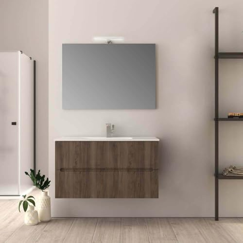 MarinelliGroup Mobile bagno sospeso da 100 cm cannettato lavabo in ceramica con 2 cassettoni noce 102 x 46 x 55 cm Luma