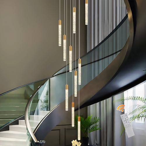 Qcyuui Gold Kristall Pendelleuchte, Dimmbare LED Treppenhauslampe | Modern-Minimalistische Deckenleuchte für Hohe Decken, Wohnzimmer und Esszimmer,Extra Groß und Höhenverstellbar