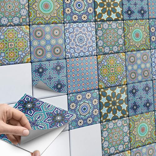 40 Stück Fliesenfolie für Bad und Küche 10x10 cm - Mosaikfliesen, Fliesensticker - selbstklebende Fliesen SET // Design: Orientalisches Mosaik