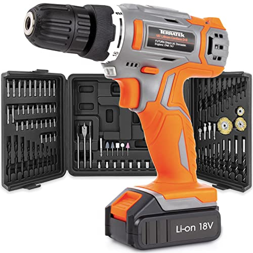 Terratek 18V Cordless Drill Set Driver, 1x Battery, Case & 89-Piece Kit | 650rpm variable speed, 16+1 torque settings, LED work light and 10mm keyless chuck for wood, metal, plastic and screwdriving.