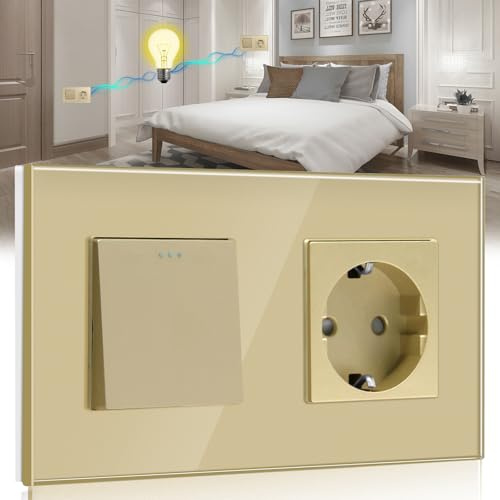 BSEED Interruttore della luce con presa 1 scomparto a 2 vie, 10 A, pannello in vetro di cristallo da 10 A, con presa Schuko da 16 A, colore oro, interruttore fisico da incasso con presa da 157 mm