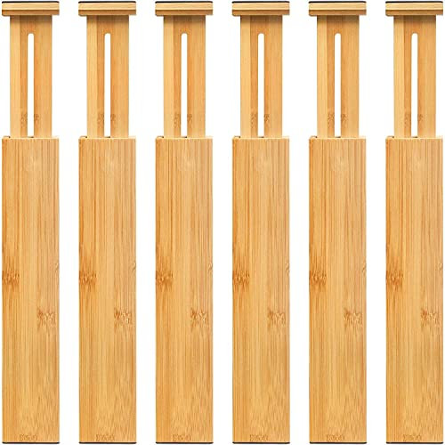 VaeFae Bamboo Drawer Dividers 6-Pack, (42.5-55.5 cm) Adjustable Drawer Separators Spring Loaded Drawer Organiser Expandable Divider for Kitchen, Cultery, Clothes, Bathroom, Baby Drawer, Tools