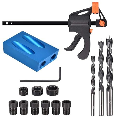 JIZZU 15 Stück Winkelbohrführung Bohrhilfe Jig Kit, Mit 15° Taschenloch bohrvorrichtung zum Bohren von Löchern 6mm 8mm 10mm, Bohrführung Bohrhilfe Senkrecht mit Bohrschablone Schrägloch