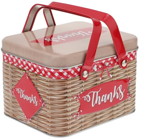 Boîte En Fer Rouge Avec Poignée En Imitation Rotin, Idéale Pour Stockage De Biscuits, Bonbons Et Petits Objets, 15.5 X 12.8 X 10.6 Cm