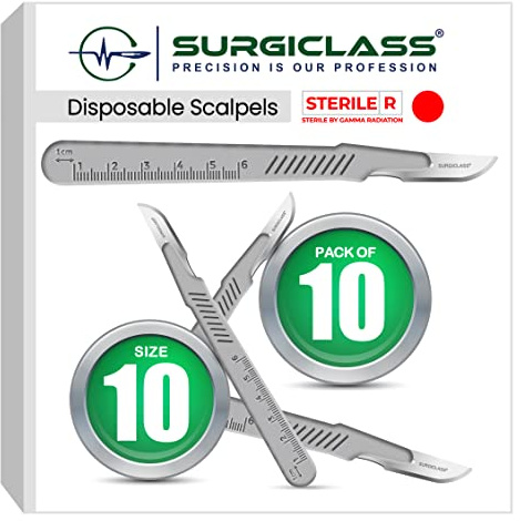 Surgical Scalpel # 10 Surgical Steel Sterile ● Pack of 10 ● Disposable ● Perfect for Wood Art, Surgical, Sculpting, Repairs, Lab Anatomy, Sign, Card Making Lab Training SURGISTD10-10
