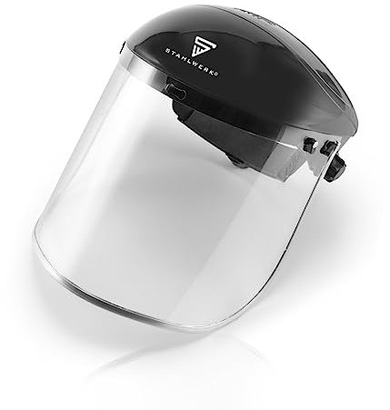 STAHLWERK Pantalla facial visera para amolar muy ligera con visera grande, buen ajuste gracias a la cómoda cinta ajustable para la cabeza