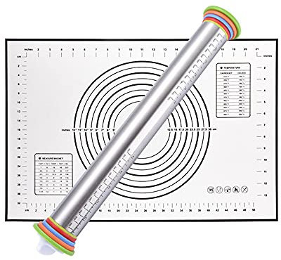 GIVBRO Mattarello in acciaio inox con anelli di guida in silicone tappetino per pasticceria pizza pasta torta crosta biscotti
