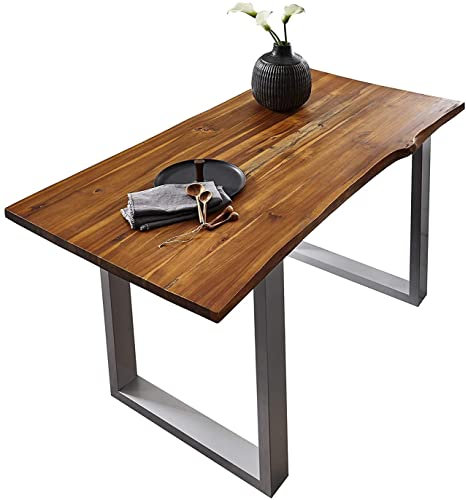 SAM Esstisch Esra 120 x 80 cm, Akazienholz massiv, cognacfarben, Baumkantentisch mit Metallgestell in Silber, Esszimmertisch mit Baumkantenplatte 26 mm, echte Baumkante
