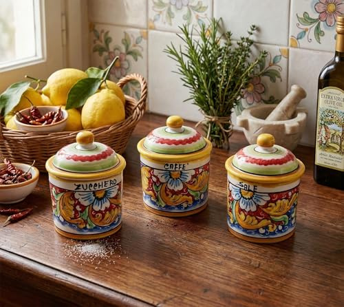 ILAB Tris 3 barattoli sale zucchero e caffè in ceramica decorata a mano da ceramisti siciliani di Santo Stefano di Camastra fiore rosso art 8