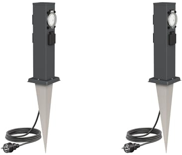 ledscom.de 2 Stück Garten-Steckdosen-Säule Polly mit Erdspieß und 2m Kabel für außen, IP44, 3-Fach mit Timer/Zeitschaltuhr, anthrazit, eckig, 38cm