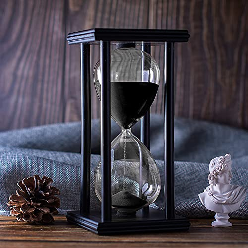 Hourglass Timer with Black Sand, 30 Minute Wooden Frame Sand Timer, Creative Handcraft Decoration