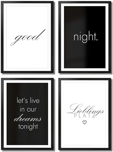 VON STEINEICH® Schlafzimmer Deko Bilder [schwarz weiß] Moderne Wandbilder in DIN A4 - Traumhafte Wand Deko passend zu Aesthetic Deko & Boho Wanddeko (4er Posterset ohne Bilderrahmen)