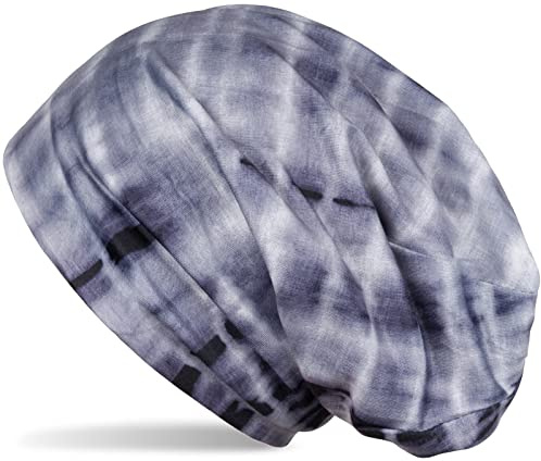 styleBREAKER Unisex tyg beanie mössa med batik ränder mönster tryck, lätt lång beanie med gradient 04024187, svart-grå, En Storlek