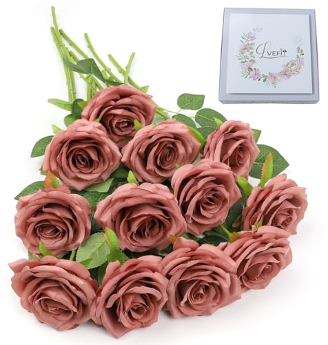 LVEFIT Artificial Rose Flower Dusty Rose Flowers Silk Flowers 12 pcs with Long Stem Silk Roses Bouquet for Wedding Bridal Shower Party Home Decoration