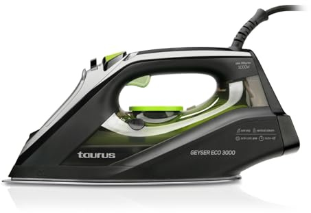 Taurus Ångstrykjärn med en effekt på 3 000 W, ångslag på 200 g/min, med precisionsspets, ECO-position, anodiserad sula, glidsystem, kalkskyddssystem, vattenspray, färg svart