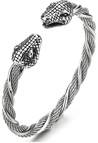 COOLSTEELANDBEYOND Herren Damen Verstellbare Armband Edelstahl Kobra Schlange Offenes Verdrehten Stahlkabel Geflochtene Armreif