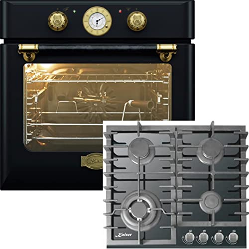 Kaiser Herdset Einbaubackofen EH 6432 BE + KCG 6383 Turbo, Retro Einbau Backofen Elektro, Autark, 68 L,10 Funktionen + Glaskeramik Gaskochfeld 60cm 5 Brenner 3,8 kW WOK Gas Herd Gas Propano/Erdgas