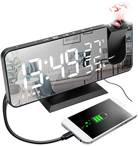 Despertador proyector de techo de corriente, radio despertador, proyección, techo, 180°, reloj digital, monitor de humedad de temperatura para habitación de niños
