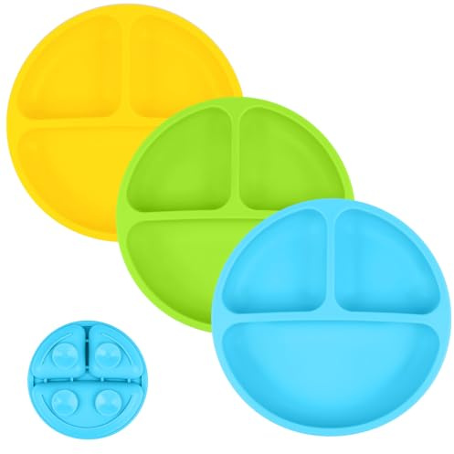 Vicloon Piatto con Ventosa per Bambini in Silicone, 3 Set Piatti Bambini Pappa Svezzamento Piatto con 2 Cucchiaio e 2 Forchetta, Piastra di Alimentazione per Neonati, Lavabile in Lavastoviglie(3pcs)