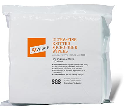 AAwipes Knitted Microfiber Cleanroom Wipers 9x9 (Bag of 100 Pcs, 180gsm) Superfine Polyester-Polyamide Lint Free Cloths for Fiber Optics, Ultrasonically Sealed Edge, Class 100 Cloths (MF18009)
