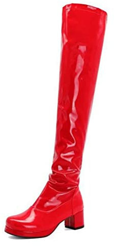 ORANDESIGNE Stiefel aus Lackleder Damen Lederstiefel Kalbsstiefel Lange Stiefel Langschaftstiefel Kniehoch Stiefel Blockabsatz Runde Zehenstiefel Sexy Zip Herbst Winter C Rot 40 EU