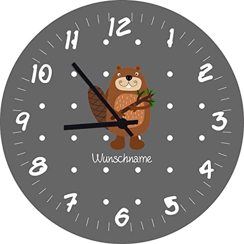 Shirtinstyle Kinderzimmeruhr mit Tiermotiv Biber mit Wunschnamen Geschenk Uhr Kinder Handmade Wanduhr Wunschtext Name, 29cm, Farbe Dunkelgrau