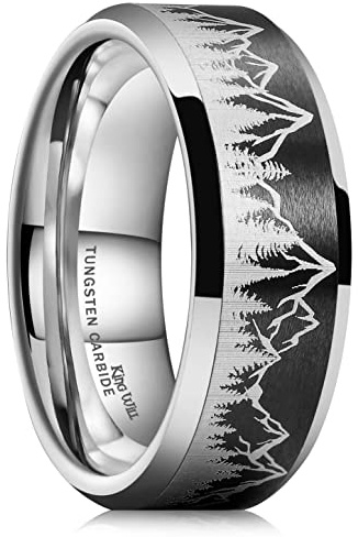 King Will 8mm Silver Black Mens Tungsten Wedding Ring Lasered Forest Landscap Pattern Mountains Trees Matte Finish Wedding Band Beveled Polished Edge 13