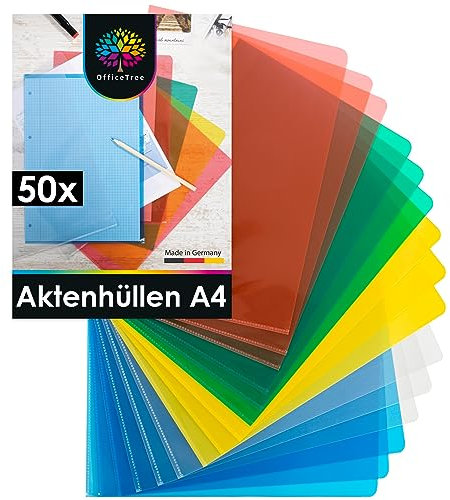 OfficeTree 50x Aktenhüllen Farbig Glasklar - Einsteckhüllen A4 Genarbt - Sichthüllen A4 Seitlich Offen - Bunte Klarsichthüllen - Einschubhüllen Schützen vor Knicken & Schmutz