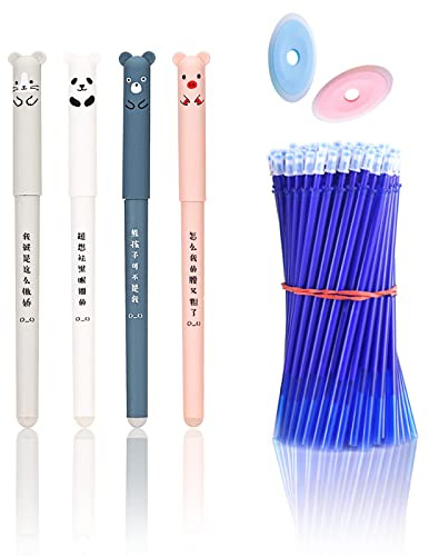 LOREC 4 Stück Blau Cartoon Radierbarer Kugelschreiber mit 50 Stück 0,35mm Nachfüllungen und 2 x Radiergummis, Löschbarer Gelstift Panda Gelschreiber Radierbar für Erwachsene, Kinder, Studenten