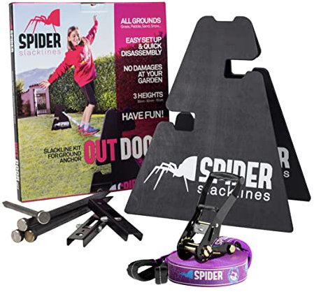SPIDER SLACKLINE - Outdoor-Kit Custom Slackline für Anfänger - für den Einsatz im Freien ohne Bäume - Enthält: 1 individuelle Slackline, 2 Stative, 2 Platten, 4 Nägel und eine Anleitung - Kit 15m