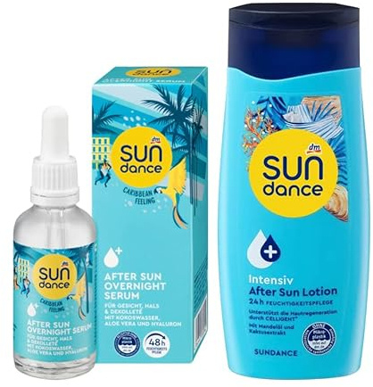 Sundance 2er-Set After Sun Hautpflege: Overnight Serum Gesicht, Hals & Dekolleté mit Aloe Vera, Hyaluron, Niacinamid, 50 ml + Intensiv Lotion 24h Feuchtigkeitspflege Hautregeneration, 200 ml, (250 ml)