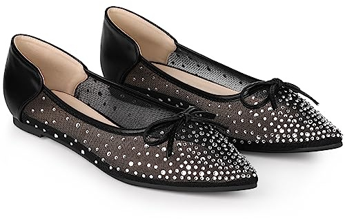 Allegra K Women's Pointed Toe Bow Rhinestone Mesh Ballerina Flats, Black White, 8 UK