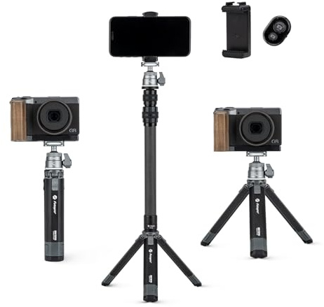 Fotopro Mini Camera Tripod with Carbon Fiber, 360 Degree Ball Head Extendable Portable Small Desktop Tripod for Phone Video Max Height 90 CM, Load up to 3Kg (SY-390+P-1HX-PA-2 SET)