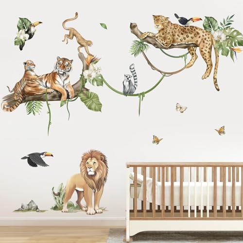 decalmile djungel djur trädgren väggklistermärken safari lejon leopard tiger väggdekaler baby barnkammare barnrum lekrum väggdekor