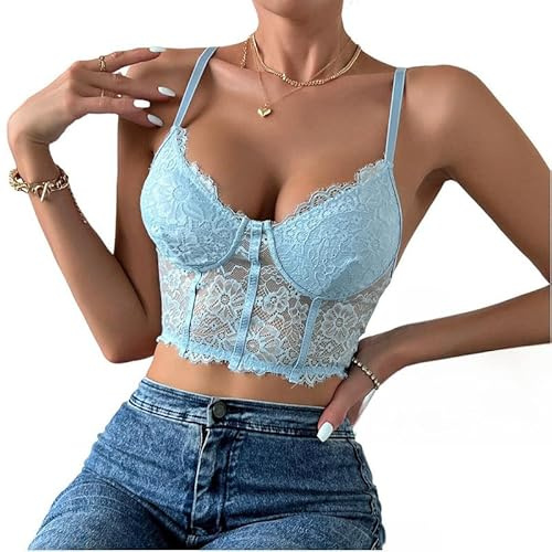 Rongseng Crop Top Damer Sexig Spets Magfri Camilos Spagettiremmar V-Ringad Spetstopp Bralettes Undertoppar Sommar Cami Linne, Ljusblå, M
