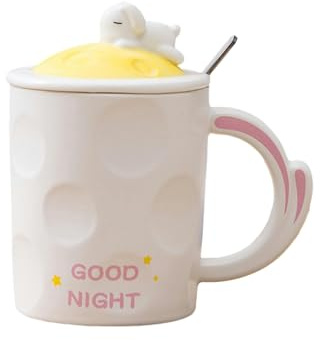 390ml Simple Scoop With Lid Rabbit Ceramic Mug Microwave Oven Available For Office Cute Creative Couple Coffee Cup-Milky white