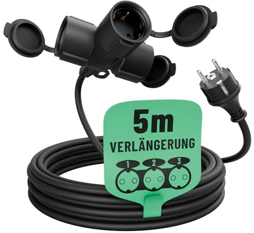 greate 3fach Verlängerungskabel außen 5 Meter - Verlängerungskabel wasserdicht IP44 für Aussenbereich - 3 Fach Mehrfachsteckdose Verlängerung draußen 5m 3500W - Outdoor Extension Cord Waterproof
