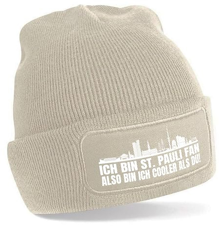 Beanie Strickmütze mit Spruch | Ich bin St. Pauli Fan also bin ich cooler als du! | Farbwahl | weiche und warme Fußball Mütze für Hamburg Fan | Skyline | SoftTouch Einheitsgröße für Erwachsene