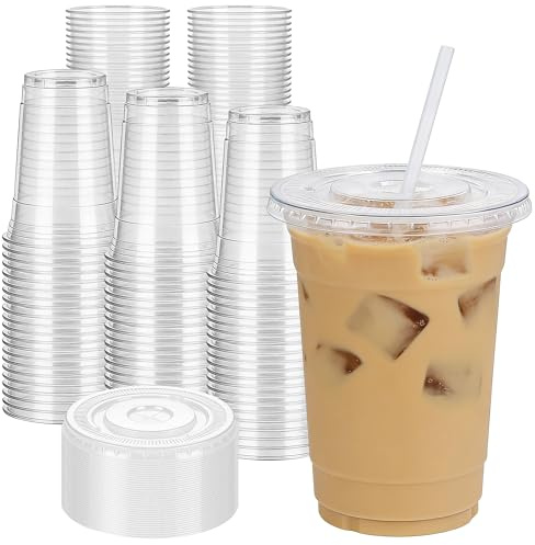 Zcaukya 100 Pack 16oz Plastic Cups with Lids and Straws, Disposable Clear Cups for Iced Coffee, Soda, Smoothies, Fruit Juices, Iced Tea and Coffee Bar Accessories