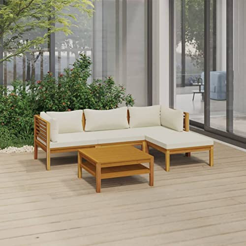 BAZZI 5-TLG Gartenlounge Set Lounge Moebel Creme Auflagen Ecklounge Balkon Lounge Ecksofa Garten Sitzgruppe Akazienholz(2xEckteil+Mittelteil+Fußstütze+Tisch) Gartenmöbel Set Holz Terrasse Holz