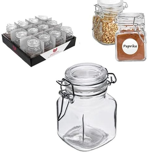 24 Pezzi, Barattoli Ermetici con Chiusura a Clip da 90 ml,in Vetro Trasparente, Quadrati,per Conserve, marmellata,Miele, spezie, bomboniere, Regali, Artigianato, Dimensioni 8x7x5 cm