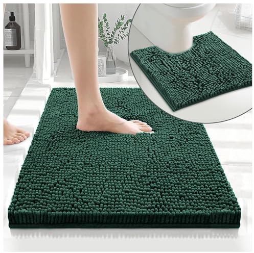 GC GAVENO CAVAILIA 2 Piece Non Slip Rubber Backed Mats - Super Absorbent Antibacterial Toilet Carpet Mat - Quick Dry Microfiber Chenille Rug Washable Bath Mats - Dark Green