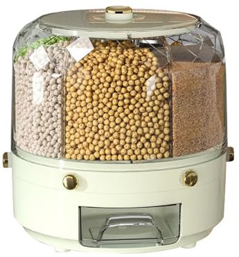 Fruusv Grain Dispenser, Large Round Bean Container, 360° Rotating Candy Dispenser, Grain Storage Box, Multi-Grid Food Storage, Kitchen Storage Organizer, Snack Dispenser for Kids
