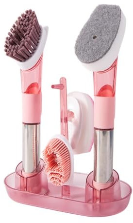 Wash Pot Brush Add Liquid Pot Brush With Base Set Household Kitchen Cleaning Brush Long Handle Press Automatic Liquid Dishwashing Brush Brush Pot(Pink)