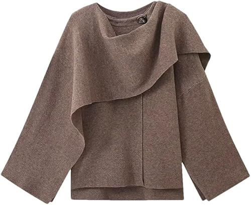 Damen-Umhang-Stil, Rundhalsausschnitt, kurzer Strickmantel, elegant, lässig, asymmetrisch, lockere Passform, Poncho, Cardigan, Pullover für Herbst und Winter, coffee, M